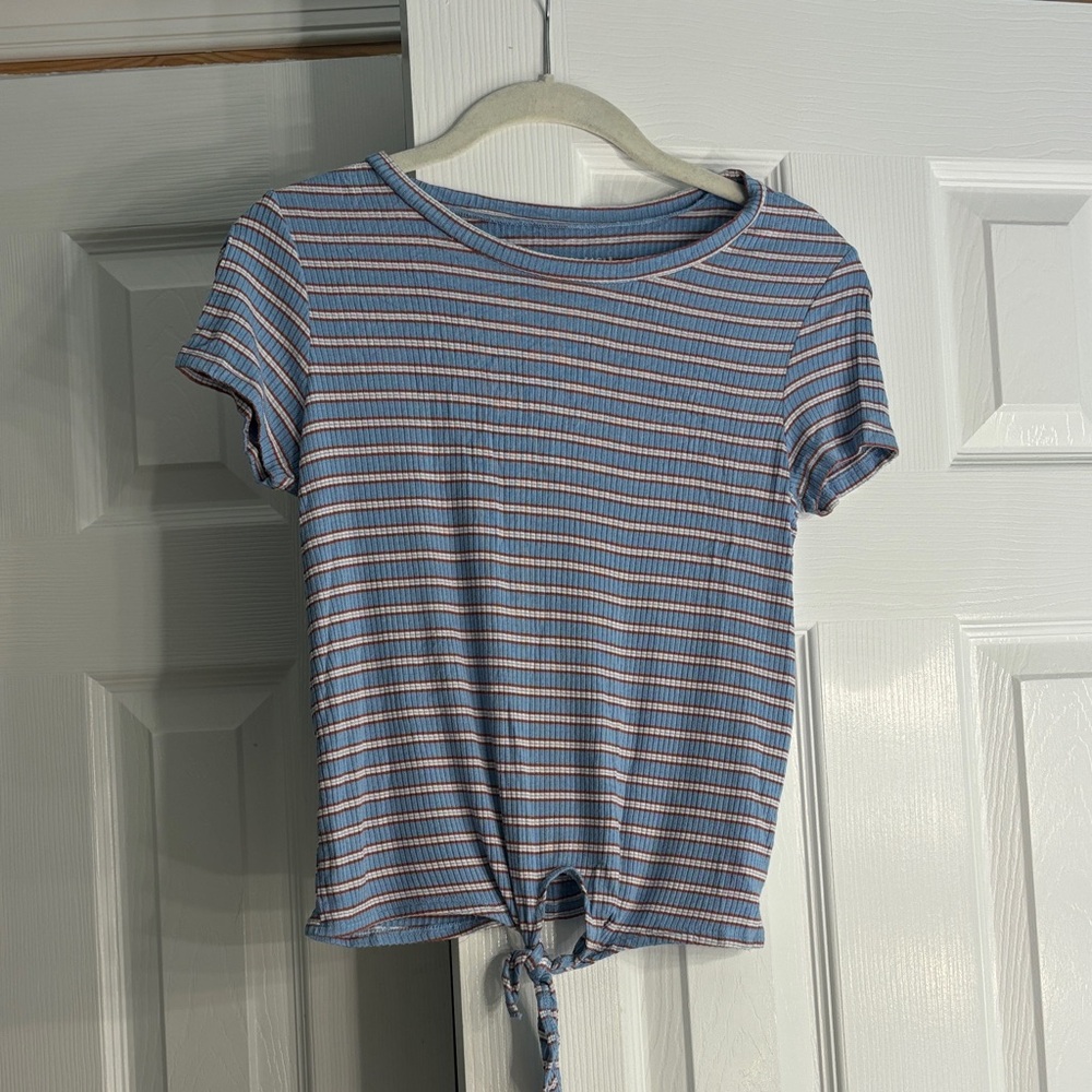Striped Blue, White, and Brown Tie-Front Top